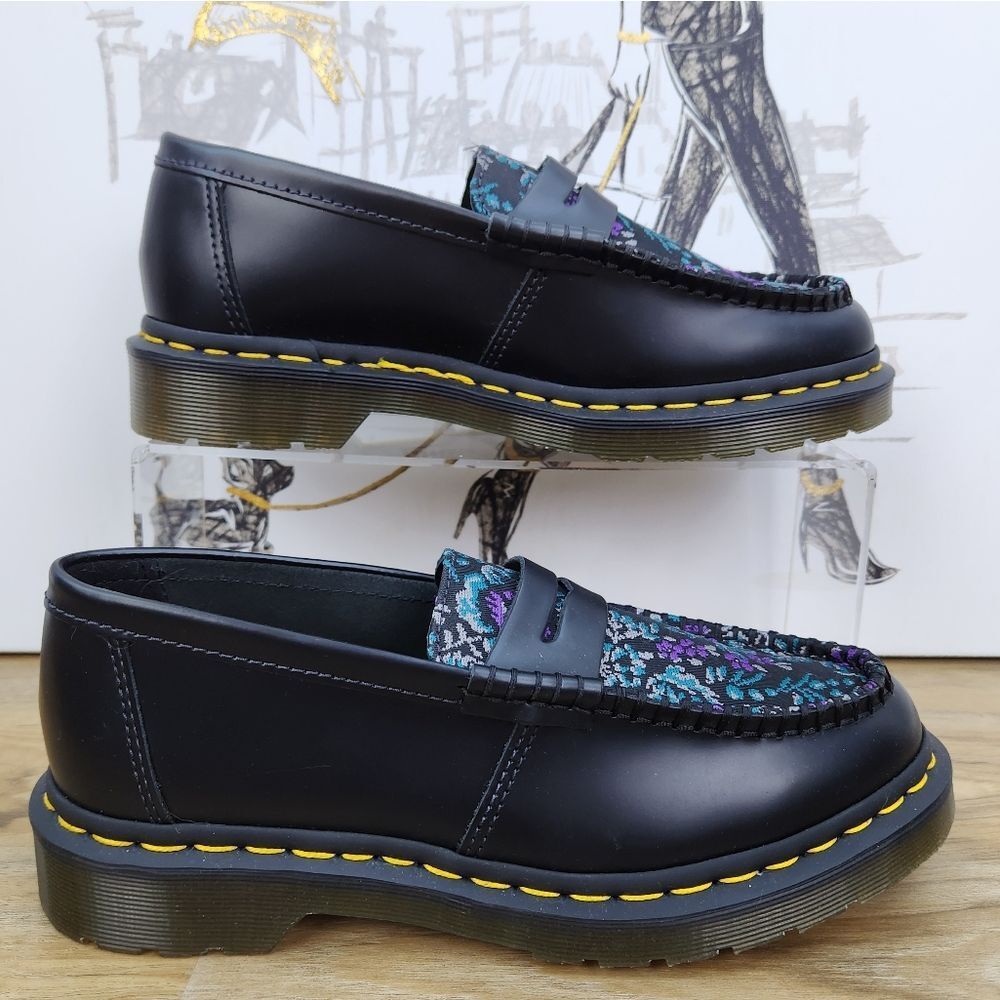 ☔️🩵NIB Dr. Martens Black & Rich Purple Floral Jacquard Penton Loafers Size 8 - Picture 7 of 15
